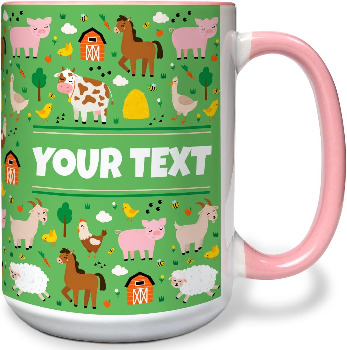 Personalized Mug for Kids - Farm Animals - Custom Name/Text, Ceramic Hot Chocolate/Cocoa/Coffee Cup for Boys/Girls, Birthday/Christmas/Holiday Gift - 15 oz, Pink Handle