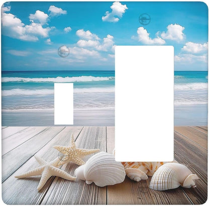 Outlet Covers Beach Waves Brown Wood Starfish Shells 1 Toggle 1 Rocker Combination Decorative Wall