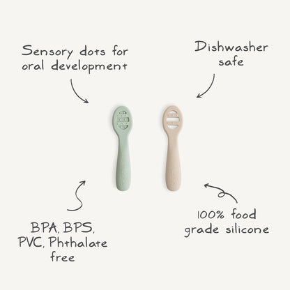 mushie Silicone First Feeding Baby Spoons | 2 Pack (Cambridge Blue/Shifting Sand)