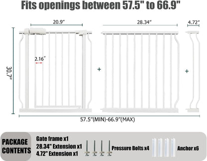 Extra Wide Baby Gate - 62-67 Inch Tension Mounted Safety Child & Pet Gate - White Metal - Walk Through - Long - for House Doorways & Stairs