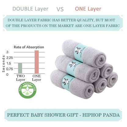 HIPHOP PANDA Baby Washcloths, Rayon Made from Bamboo - 2 Layer Ultra Soft Absorbent Newborn Bath Face Towel - Reusable Baby Wipes for Delicate Skin - Grey, 6 Pack