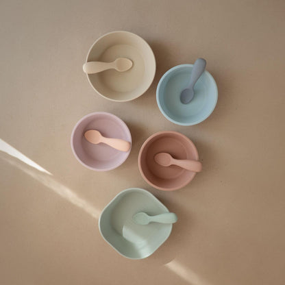 mushie Silicone Toddler Starter Spoons | 2 Pack (Cambridge Blue/Shifting Sand)