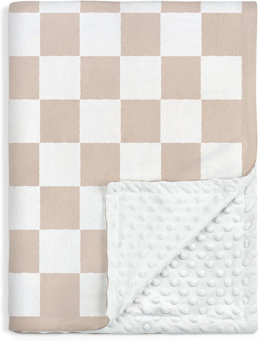 Checkered Minky Baby Blanket 30 x 40 Inches for Boys Girls, Soft Plush Receiving Blanket with