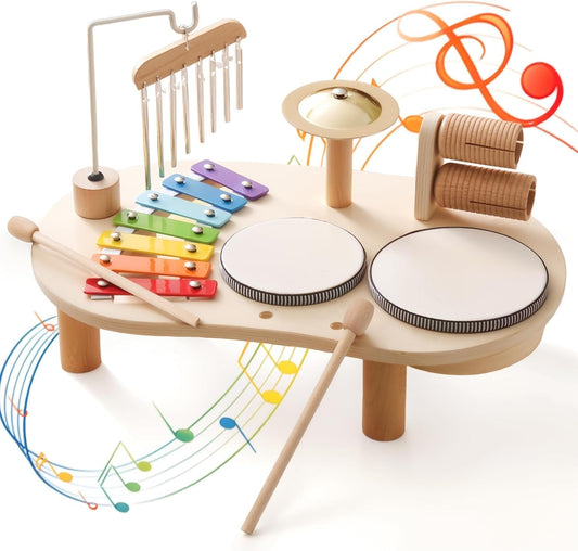 Promise Babe Wooden Drum Set for Toddlers 1-3, Musical Percussion Instruments for Kids Baby Drum