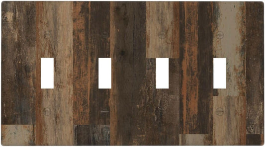 Rustic Brown Wood Grain Dark Oak Light Switch Covers Quad Toggle Electrical Faceplate 4 Gang Wall