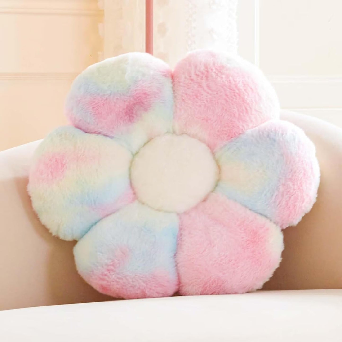 Rainbow Pink Flower Pillow, Cute Decorative Flower Shaped Throw Pillow with Faux Rabbit Fur, 19.6" Soft Flower Plush Throw Pillow Floor Pillows Room Décor for Bedroom Living Room