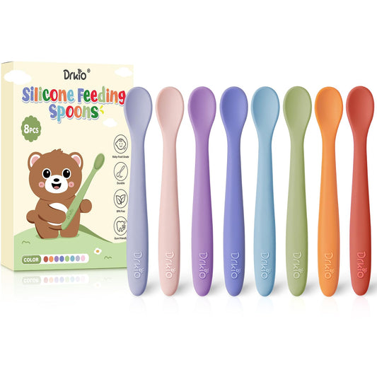 DRKIO 8 Pcs Silicone Baby Spoons Infant Utensils for First Stage Feeding