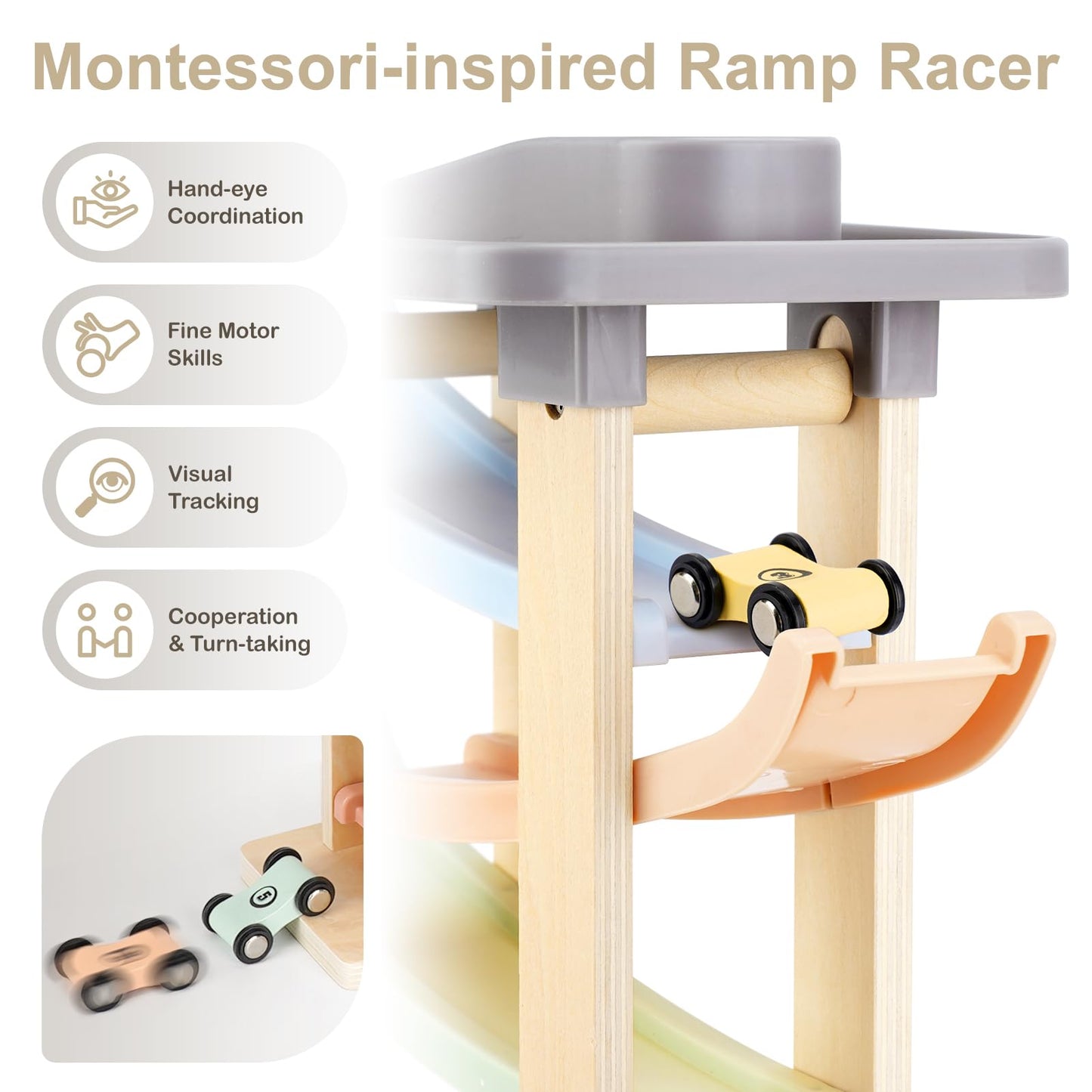 Joyreal Montessori Toddler Toys for 1 2 3 Year Old Wooden Car Ramp Toys