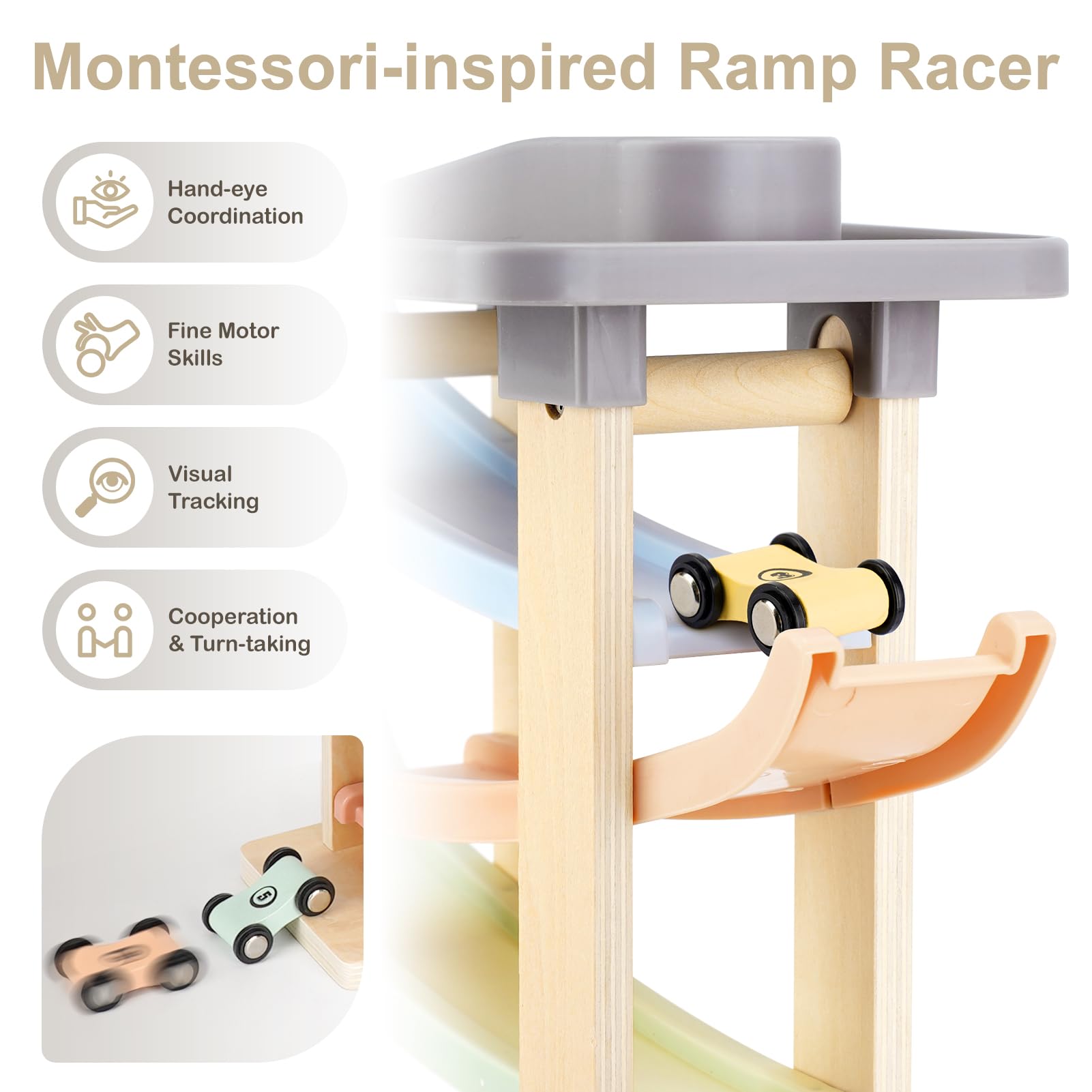 Joyreal Montessori Toddler Toys for 1 2 3 Year Old Wooden Car Ramp Toys