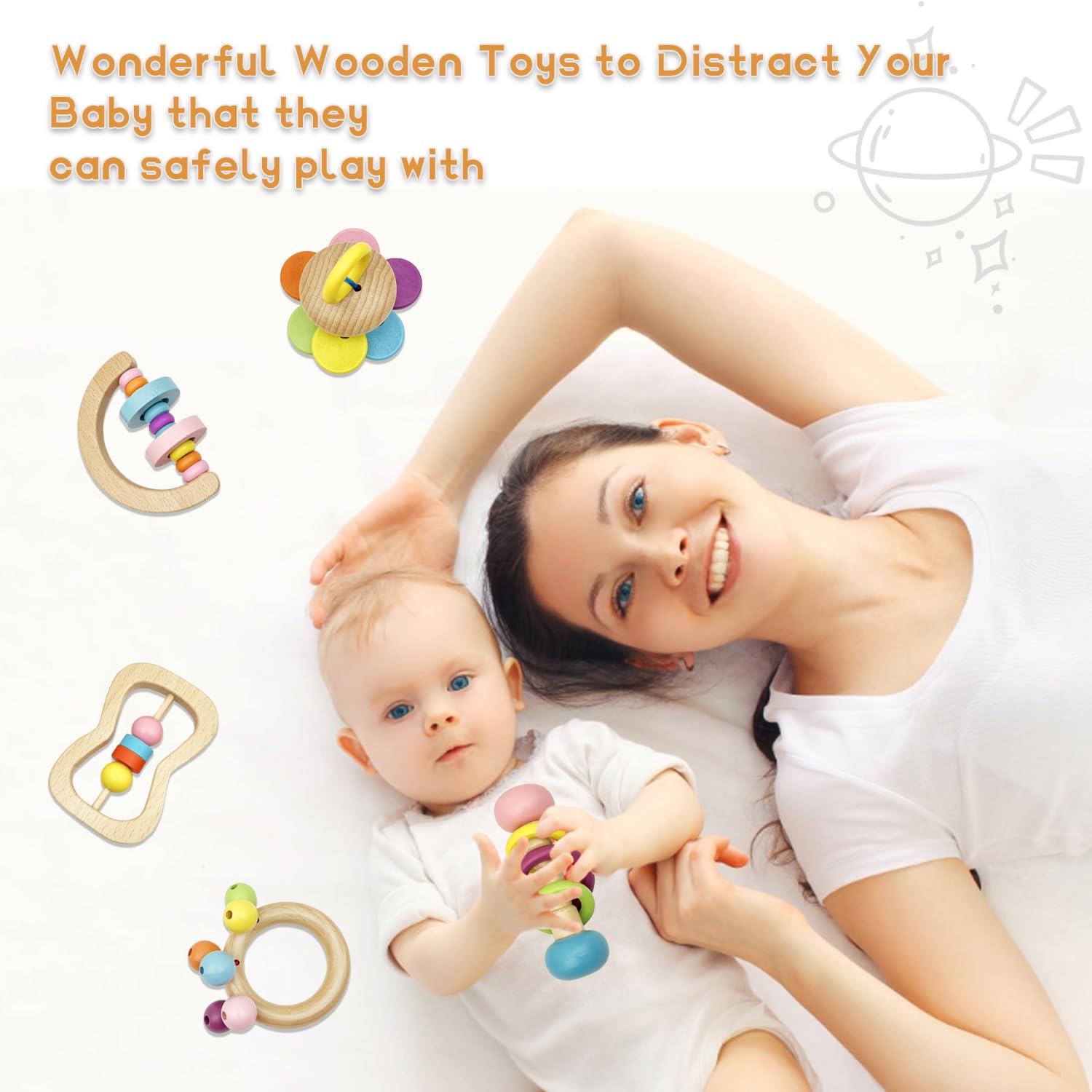 Wooden Baby Rattle, Organic Colorful Baby Rattles Set, Toddler Hand Wooden Rattles Toy Set for