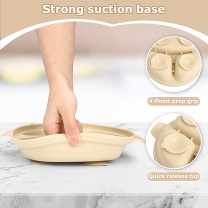 Stainless Steel Baby Plate and Bowl with Suction, Baby Bowl and Divided Kids Toddler Plate with Removable Silicone Shell, Non-Slip Toddler Baby Feeding Set, Forks + Spoons Included-Cream
