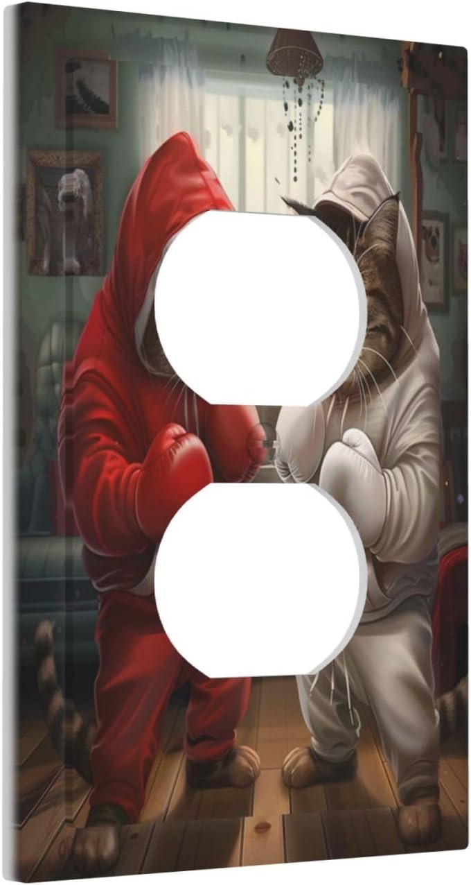 Decorative Outlet Covers Funny Red Boxing Cats White Tomcat 1 Gang Duplex Light Switch Cover Plate Wall Plates for Electrical Outlets Switchplate Faceplate for Bedroom Home Decor