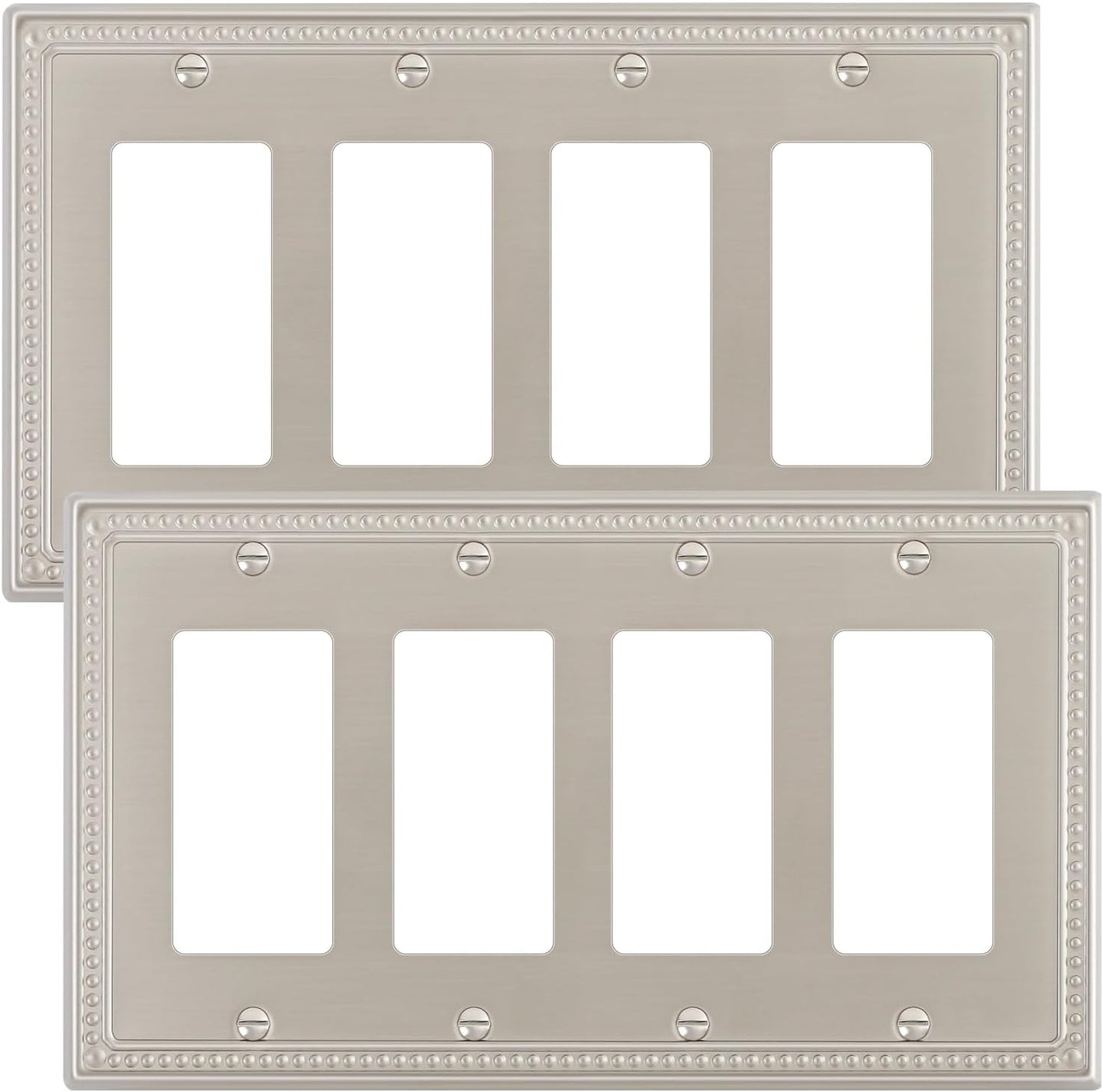 2-Pack Quad Decorator Outlet Cover Plate, Pearls Decorative Switch Plates and Outlet Covers, 4 Gang Brushed Nickel Metal Wall Plates, Corrosion Resistant
