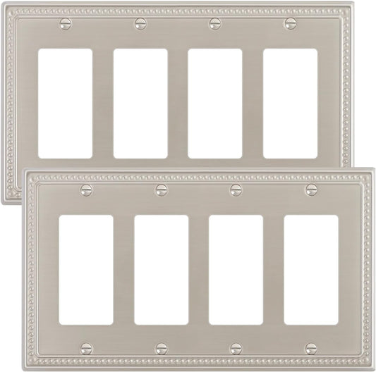 2-Pack Quad Decorator Outlet Cover Plate, Pearls Decorative Switch Plates and Outlet Covers, 4 Gang Brushed Nickel Metal Wall Plates, Corrosion Resistant