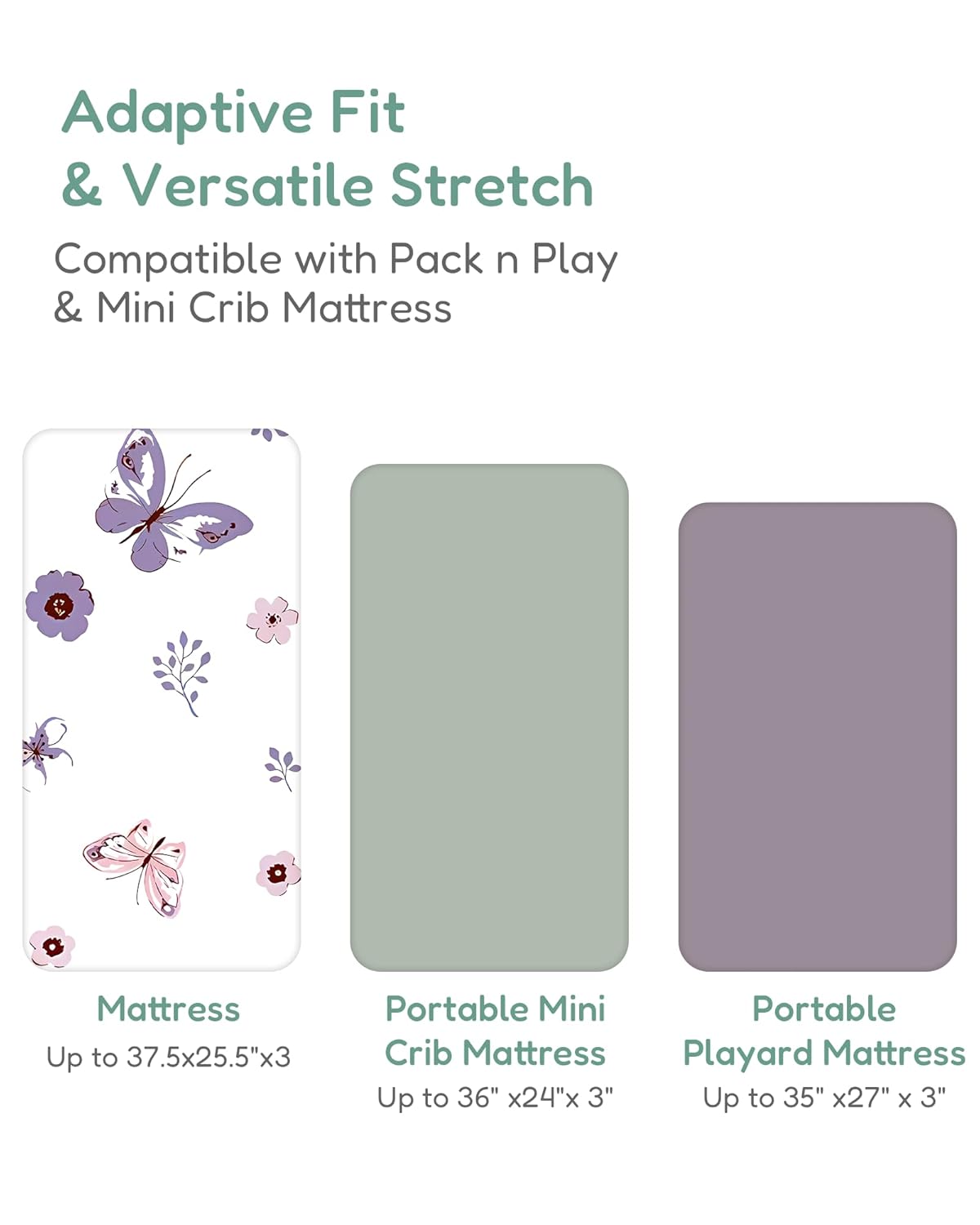 Pack and Play Sheets Fitted, Soft Purple+Butterflies, Hypoallergenic, Cozy and Safe, 2 Pack for