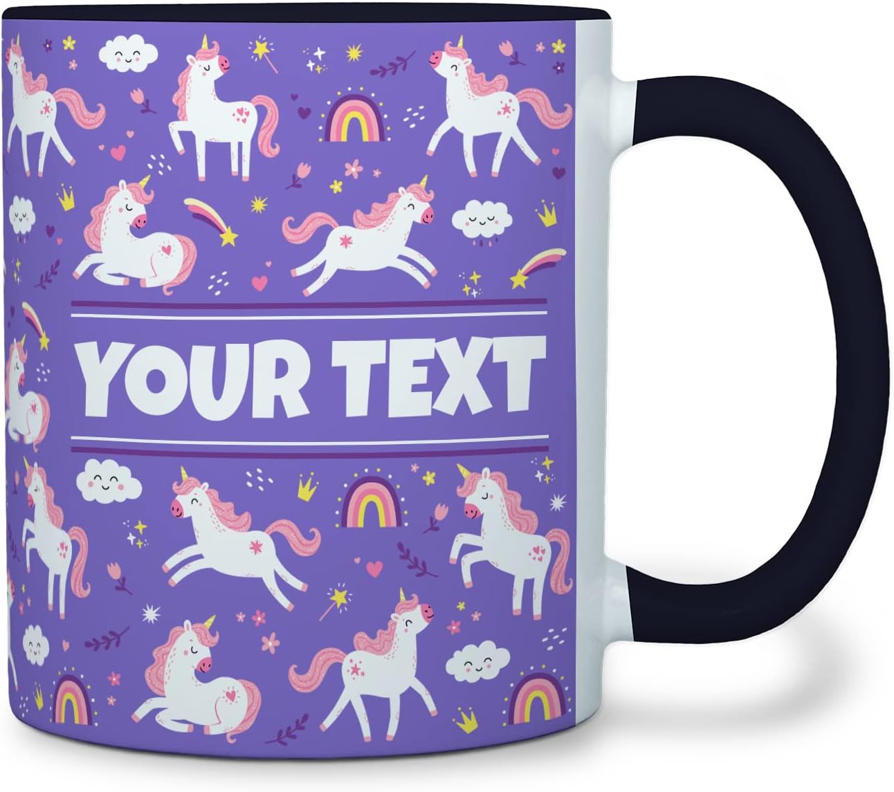 Personalized Mug for Kids - Purple Unicorn - Custom Name/Text, Ceramic Hot Chocolate/Cocoa/Coffee Cup for Girls, Birthday/Christmas/Holiday Gift - 11 oz, Black Handle
