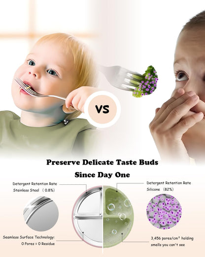 Stainless Steel Toddler Suction Plate with Lid, Deeper 9" Divided Plates with Removable Silicone Sleeves for Kids, Non Toxic & BPA Free | Unbreakable Baby Snack Dishes Set of 2, Pink & Lilac