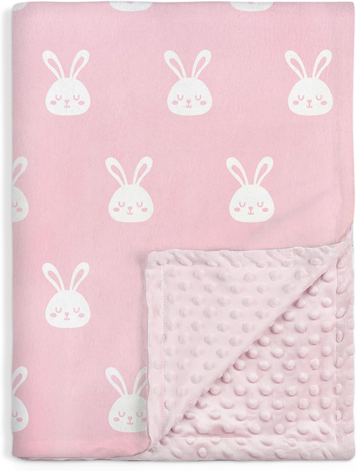 Rabbit Minky Baby Blanket 30 x 40 Inches for Girls, Soft Plush Receiving Blanket with Dotted Back