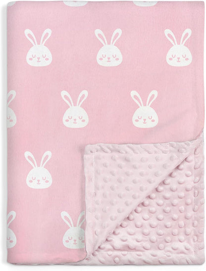 Rabbit Minky Baby Blanket 30 x 40 Inches for Girls, Soft Plush Receiving Blanket with Dotted Back