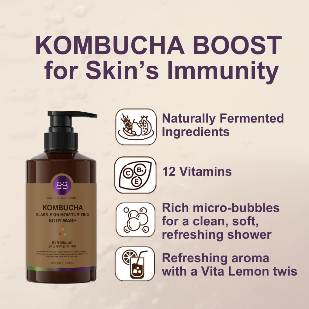 BALANCE YOUR BIOME Kombucha Glass-Skin Moisturizing Body Wash, K-Beauty,Fermented soybean, barley
