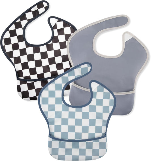 Mess Proof Baby Bib 3 Pack, Waterproof Led Weaning Baby Feeding Bibs with Food Catcher, Travel