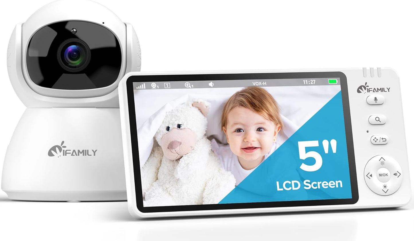 iFamily Baby Monitor with Camera and Audio – 720P HD Resolution, Large Display, 5000mAh Battery, Night Vision, Remote Pan, Tilt, and Zoom – Two-Way Talk, Lullabies, Thermal Monitor, 960ft Range