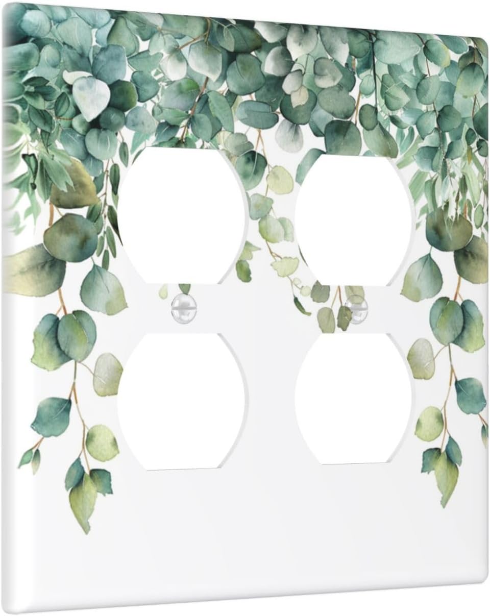 Decorative Outlet Covers Rustic Green Eucalyptus Leaves 2 Gang Wall Plate Cover Double Duplex Receptacle Two Switch Light Switch Cover Plate Jumbo Dual Faceplate for Country Home Decor