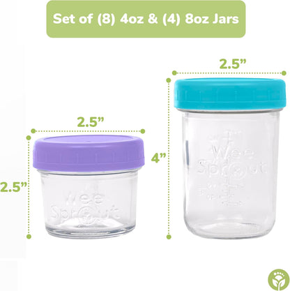 WeeSprout Glass Baby Food Storage Jars - 12 Set, 4 oz/8 oz Baby Food Jars, Plastic Lids, Freezer