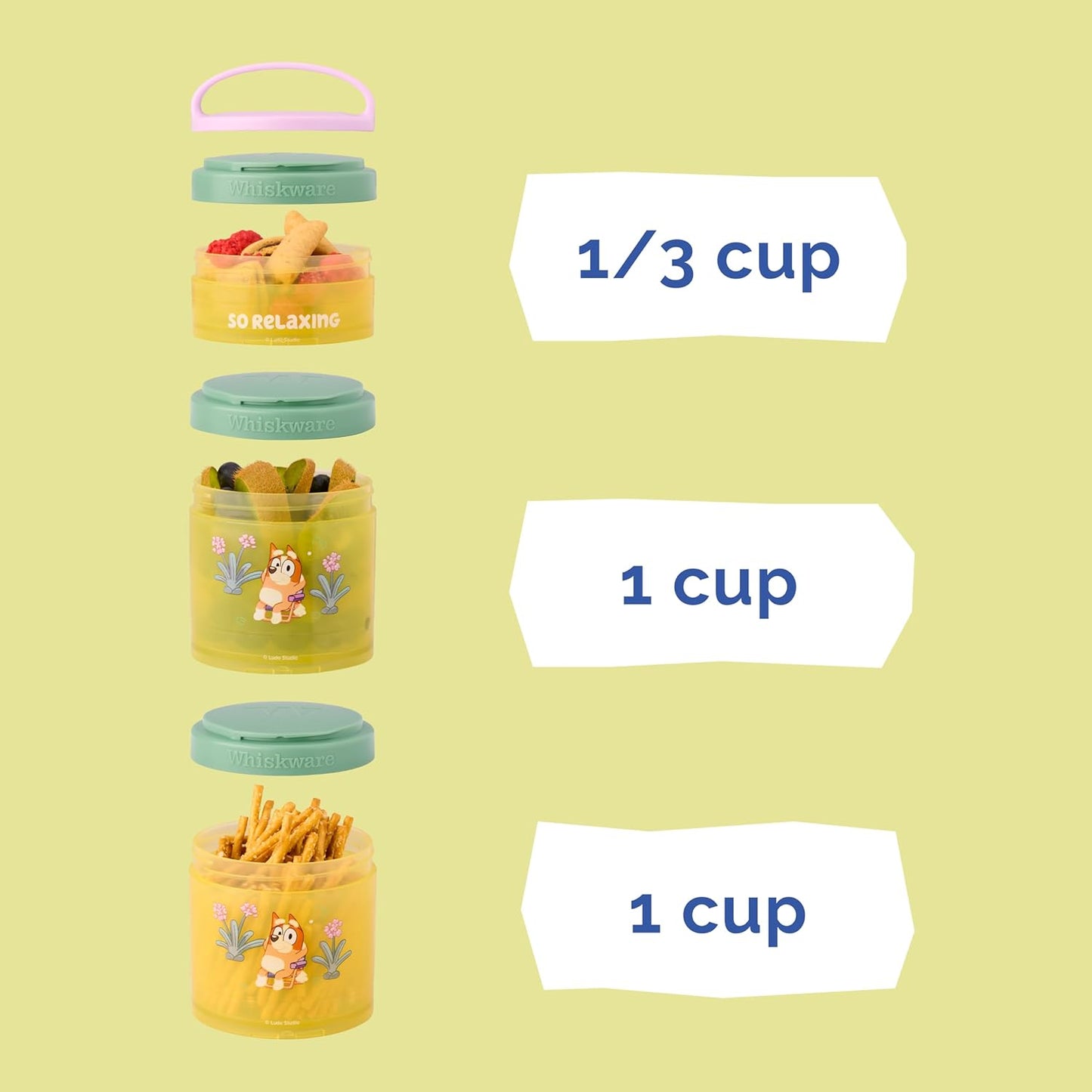 Whiskware Bluey Stackable Snack Containers for Kids and Toddlers, 3 Stackable Snack Cups for School