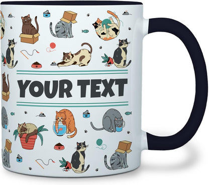 Personalized Mug for Kids - Cats - Custom Name/Text, Ceramic Hot Chocolate/Cocoa/Coffee Cup for Boys/Girls, Birthday/Christmas/Holiday Gift - 11 oz, Black Handle