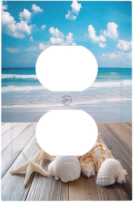 Outlet Covers Beach Waves Brown Wood Starfish Shells 1 Gang Duplex Light Switch Cover Decorative