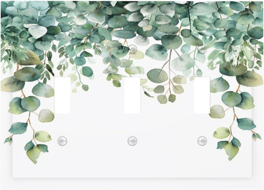 Decorative Switch Covers Plate Rustic Green Eucalyptus Leaves 3 Gang Artistic Wall Plate Unique Triple Toggle Light Switch Plate Jumbo Faceplate for Country Bedroom Kitchen Home Decor