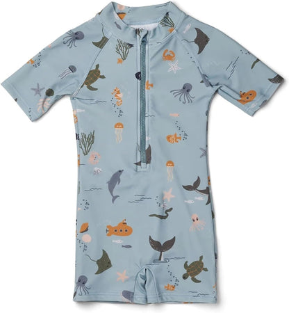Boys One Piece Swimsuit Whale Dolphin Bathing Suit Zipper Rash Guard Kid Short Sleeve Swimwear Shark Beach Wear UPF50+
