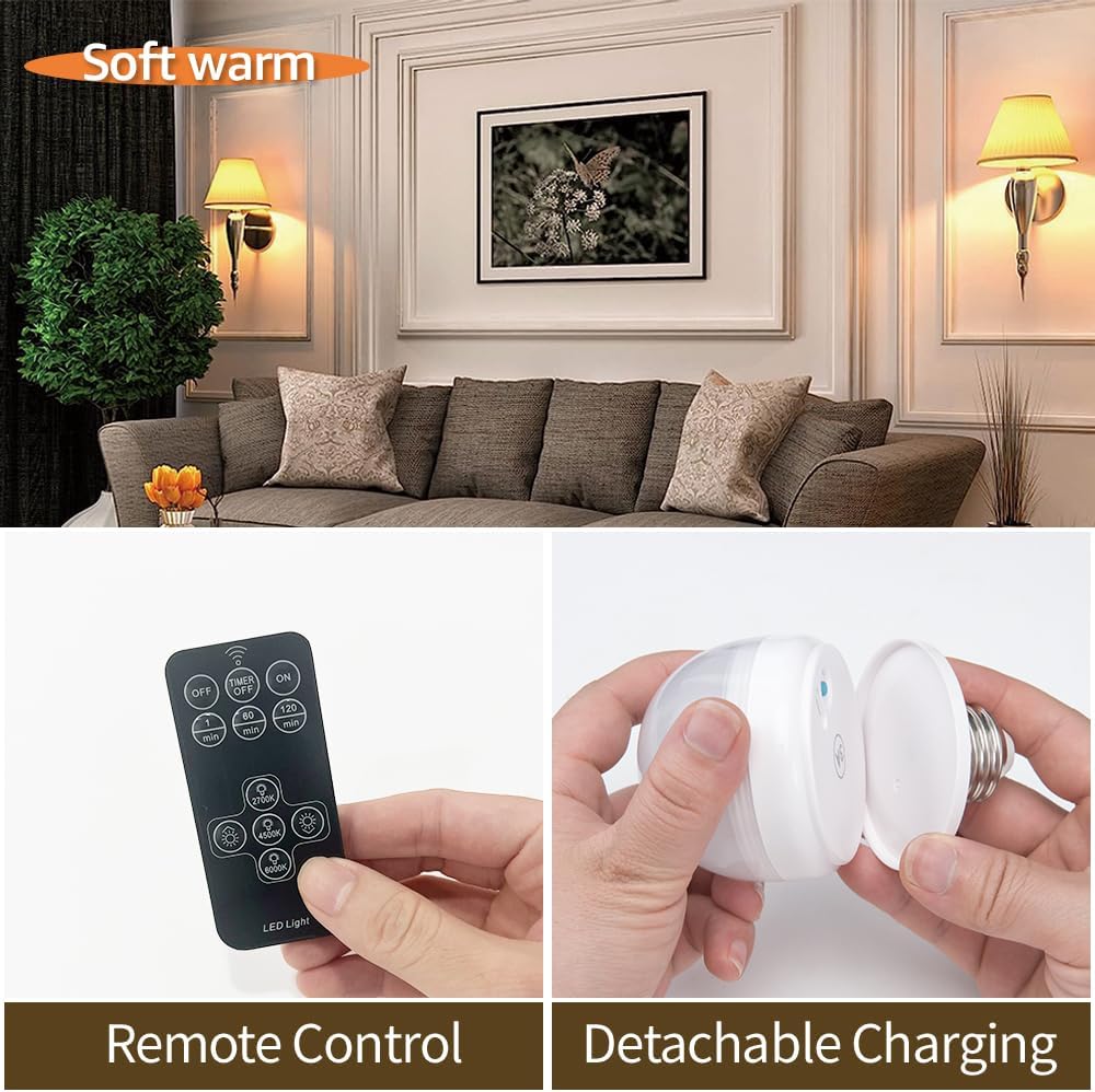 BLUEYE Rechargeable Light Bulbs,2Pack,7W,Remote Control,Soft Warm 2700K-6000K,50W Equivalent,450Lumens,Flicker-Free,E26 Detachable Charging,E12 Available,Battery Operated Emergency Lamp for No Outlet