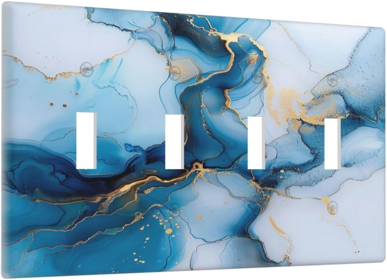 Decorative Switch Covers Plate Modern Abstract Blue Gold Line Marble 4 Gang Artistic Wall Plate Unique Quad Toggle Light Switch Plate Jumbo Faceplate for Kitchen Bedroom Home Decor