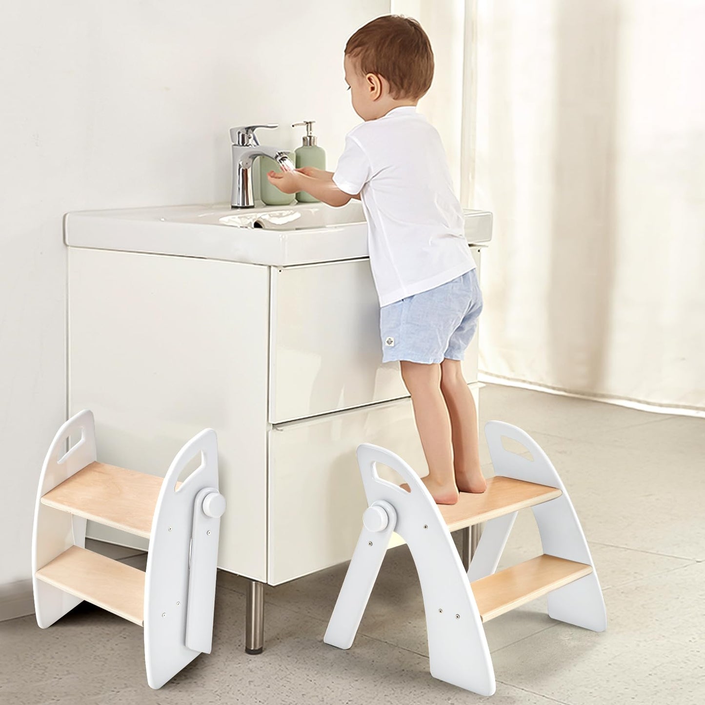 Wooden 2 Step Stool for Kids Bathroom Sink Foldable Anti-Slip 2-Step for Toilet Potty Training