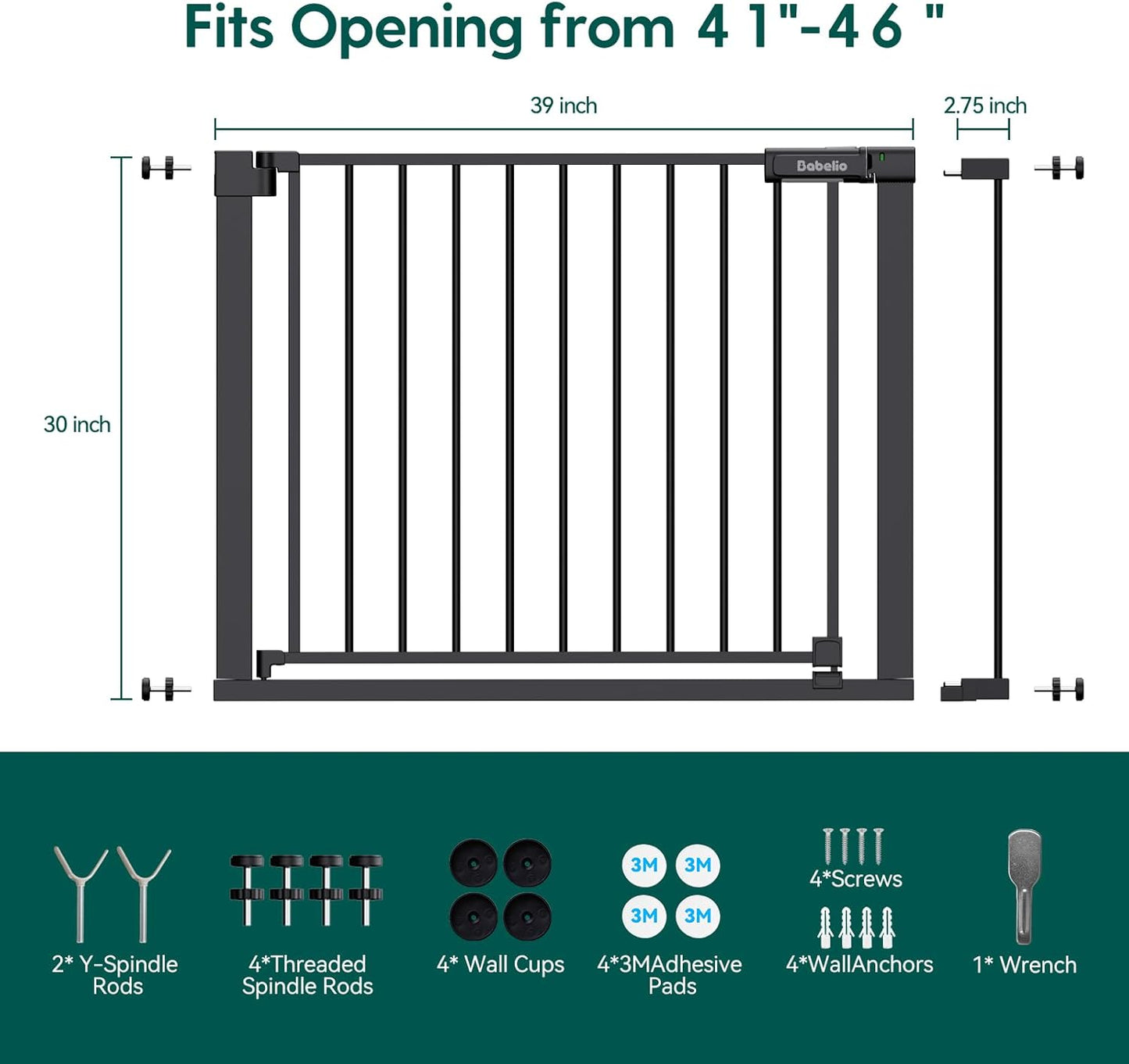 BABELIO Baby Gate for Doorways and Stairs, 41-46" Pet Gate with Wide Walk Thru Door and Lock Indicator, No Drill Pressure Mounted Safety Gate with Double Lock and Self-Closing, Black