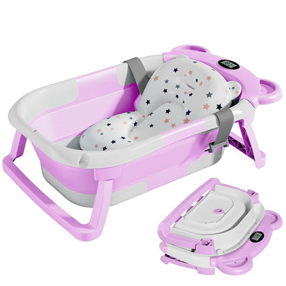 TPN Collapsible Baby Bathtub, Baby Bath Tub with Soft Cushion & Real-Time Thermometer, Baby Bathtub