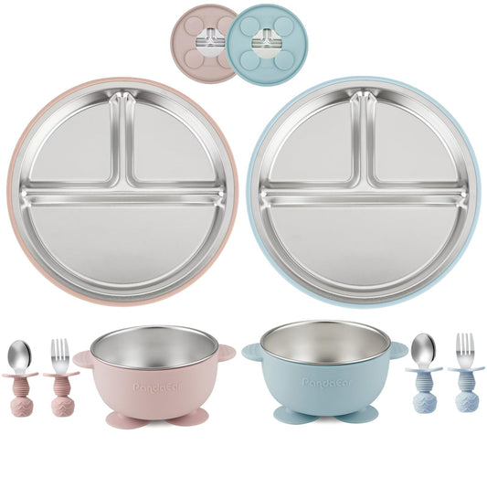 PandaEar 8PCS Baby Feeding Set | Stainless Steel Suction Plates and Bowls with Silicone Fork and