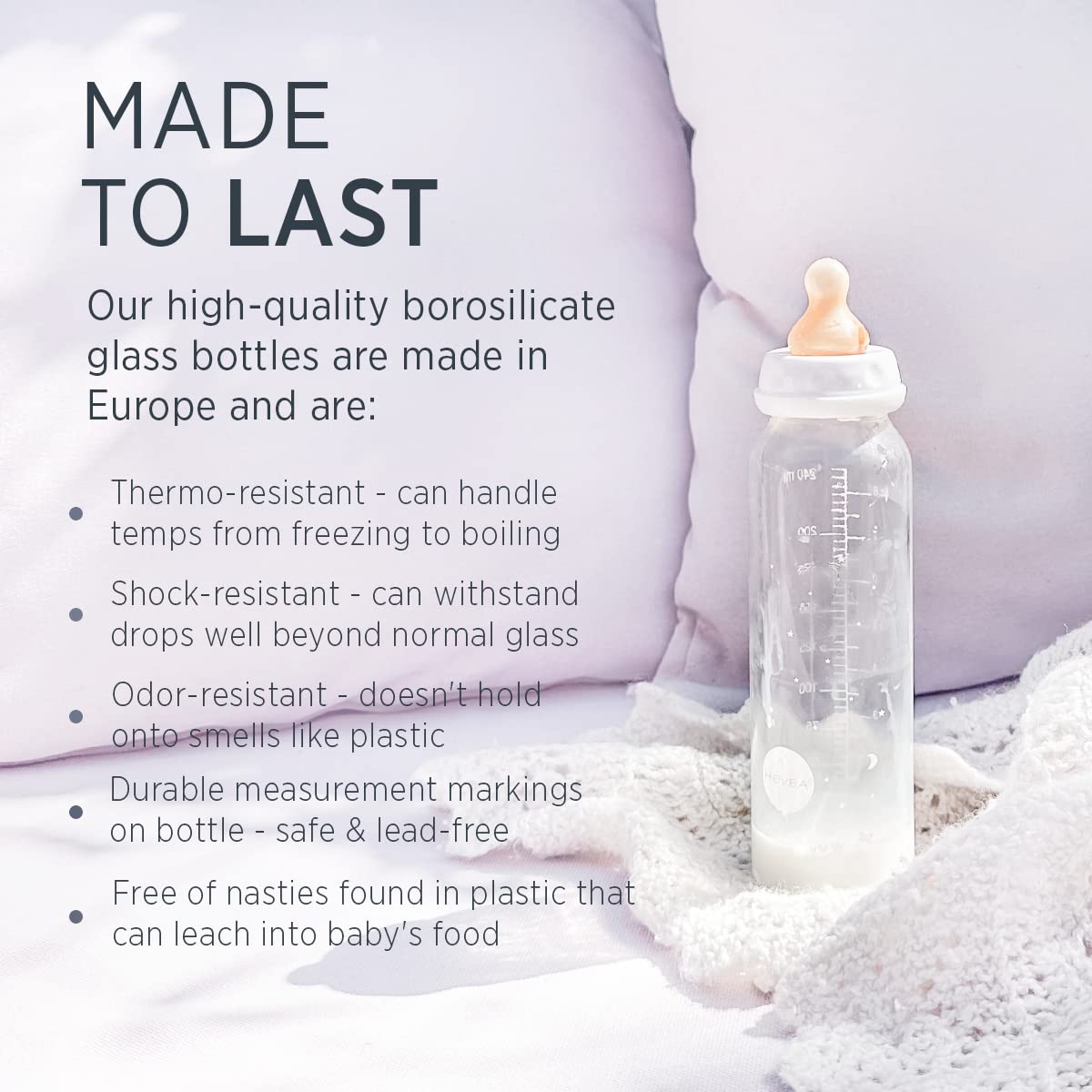 HEVEA Standard Neck Glass Baby Bottles - Natural Rubber Slow Flow Nipples - Anti Colic Baby Bottles