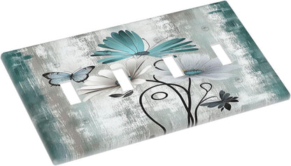 Light Switch Covers Rustic Teal Daisy Floral Flowers Butterfly Wood Grain Quad Toggle Electrical Faceplate 4 Gang Wall Plate Decorative Switch Plates for Bathroom Bedroom Decor