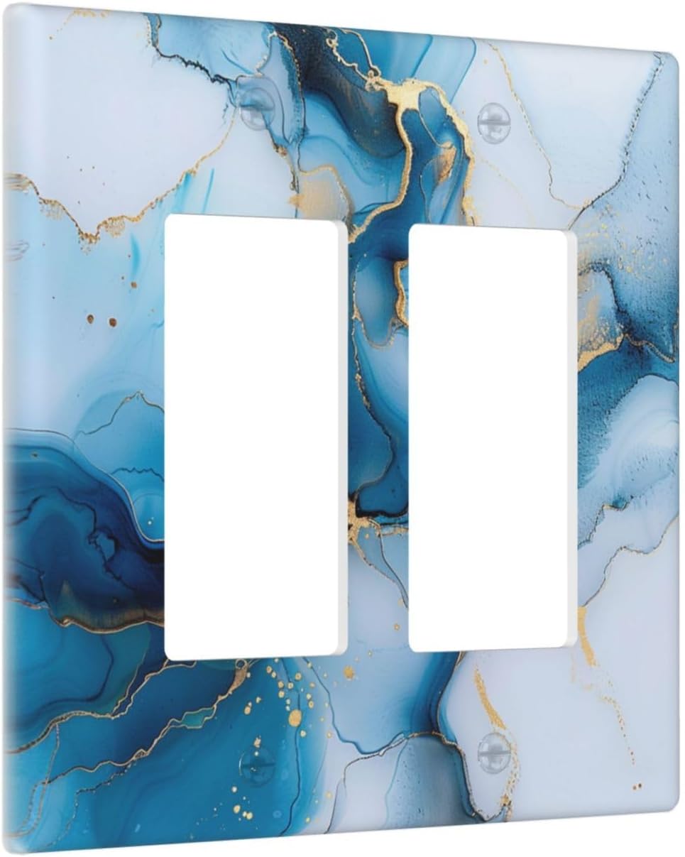 Decorative Outlet Covers Modern Abstract Blue Gold Line Marble 2 Gang Wall Plate Double Rocker Two Switch Wall Cover Plate Light Switch Cover Plate Faceplate for Bedroom Home Decor
