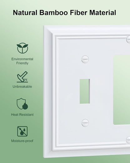 2-Pack Combo Toggle/Decorator Light Switch Cover Plate, Pure White Decorative Electrical Outlet Covers, Durable Natural Bamboo Fiber Switch Plates and Outlet Covers, Corrosion Resistant