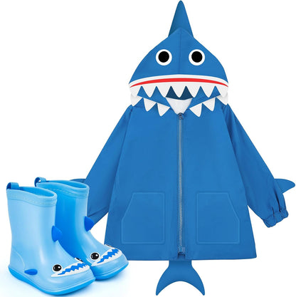 2 Pcs Toddler Raincoat Rain Boots Set Kids Baby Cartoon Hoodie Zipper Jacket Short Rain Shoes for Little Boys Girls
