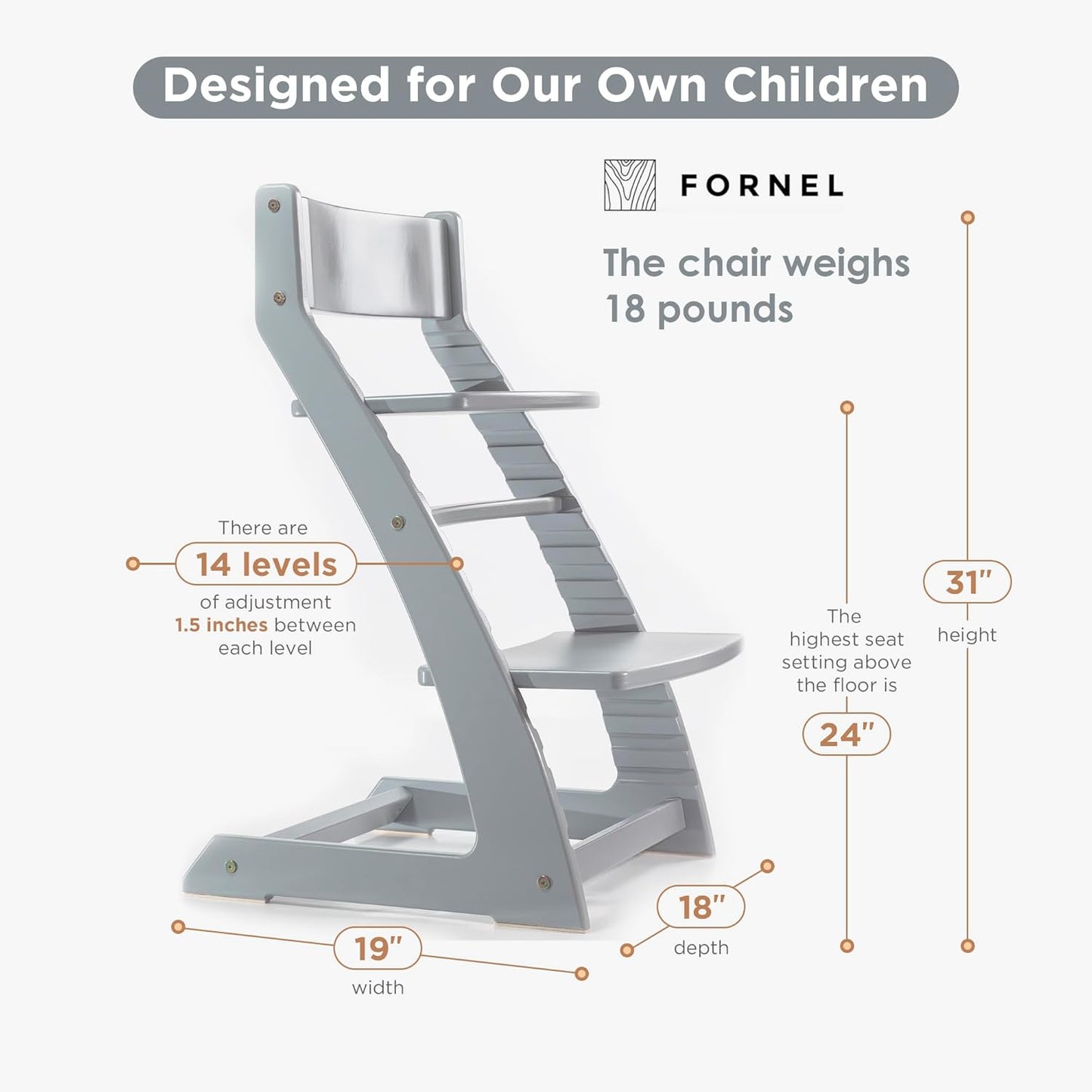 FORNEL Grey Wooden High Chair for Toddlers | The Grow-with-Me Adjustable Chair for Modern Farmhouse