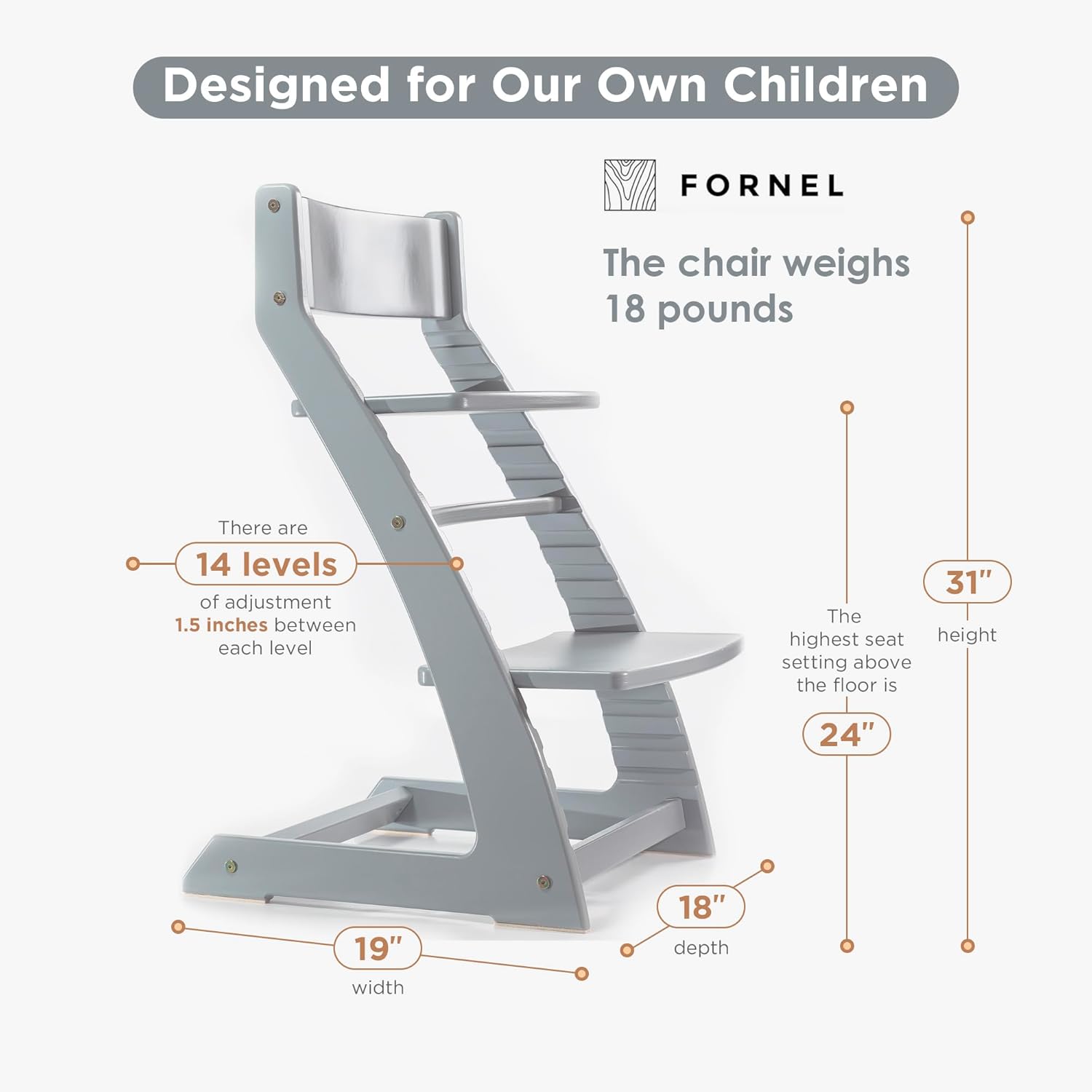 FORNEL Grey Wooden High Chair for Toddlers | The Grow-with-Me Adjustable Chair for Modern Farmhouse