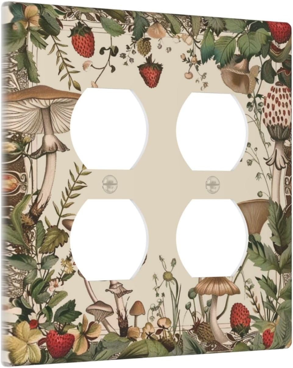 Decorative Outlet Covers Rustic Mushroom Garden Red Strawberry 2 Gang Wall Plate Cover Double Duplex Receptacle Two Switch Light Switch Cover Plate Jumbo Faceplate for Home Decor