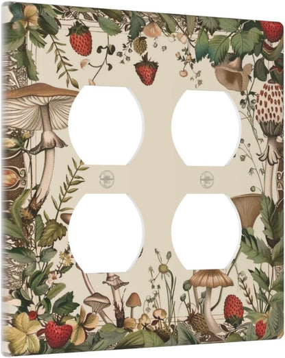 Decorative Outlet Covers Rustic Mushroom Garden Red Strawberry 2 Gang Wall Plate Cover Double Duplex Receptacle Two Switch Light Switch Cover Plate Jumbo Faceplate for Home Decor