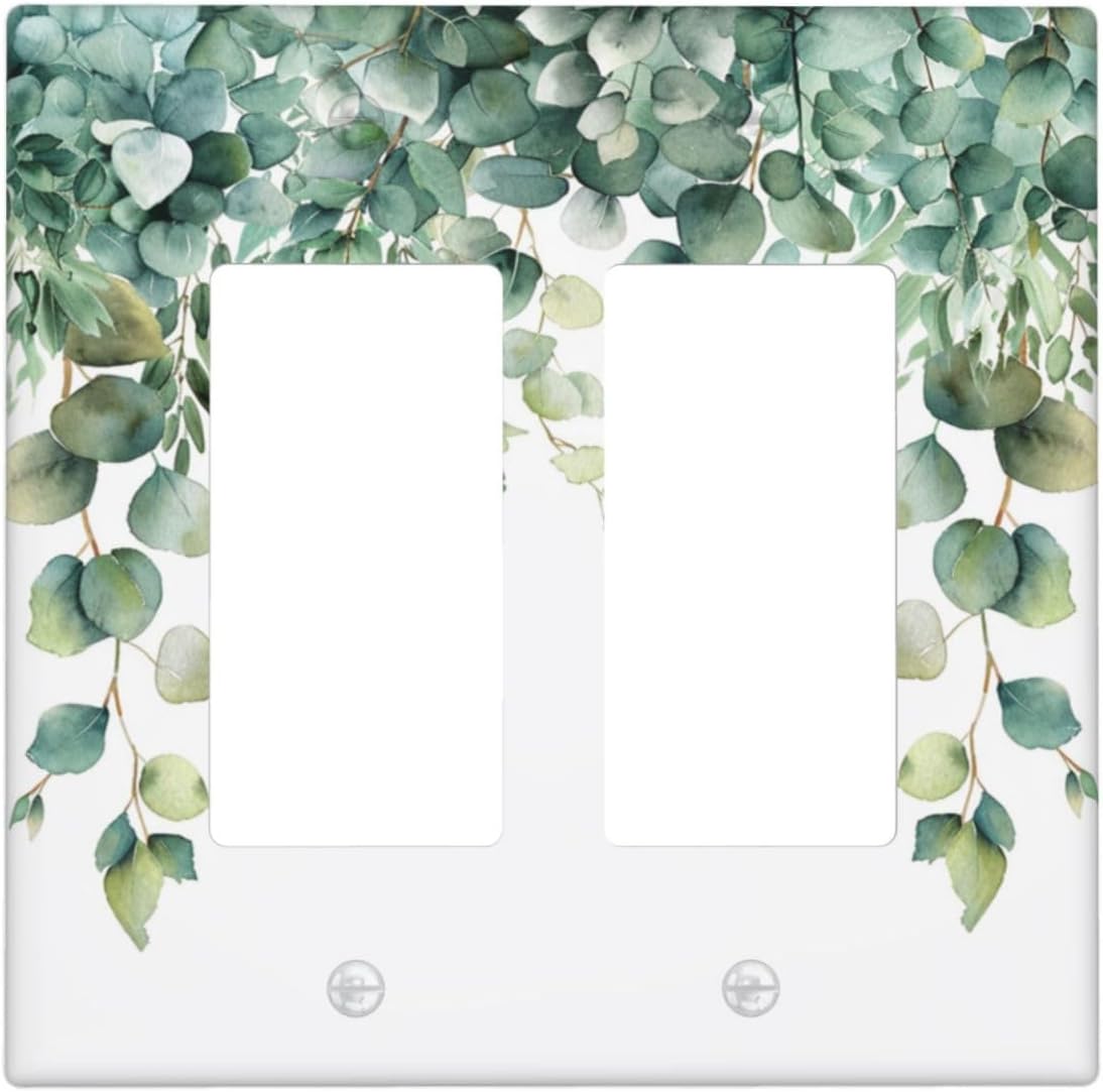 Decorative Outlet Covers Rustic Green Eucalyptus Leaves 2 Gang Wall Plate Double Rocker Two Switch Wall Cover Plate Light Switch Cover Plate Faceplate for Country Bedroom Home Decor
