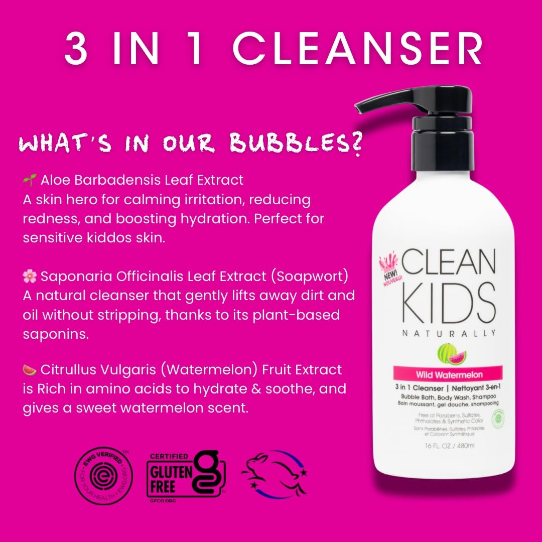 Gabriel Cosmetics Clean Kids Naturally Wild Watermelon 3-in-1 Shampoo, Cleanser & Bubble Bath (16